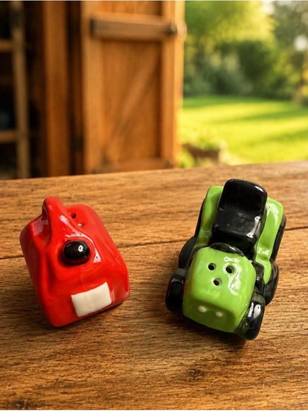 Cracker Barrel Mini Red & Green Ceramic Salt and Pepper Shakers Tractor and Gas